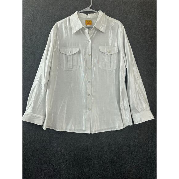 Ruby Rd Silver Button Shirt 18W 1X Shimmer Roll Tab Sleeves - Picture 1 of 8